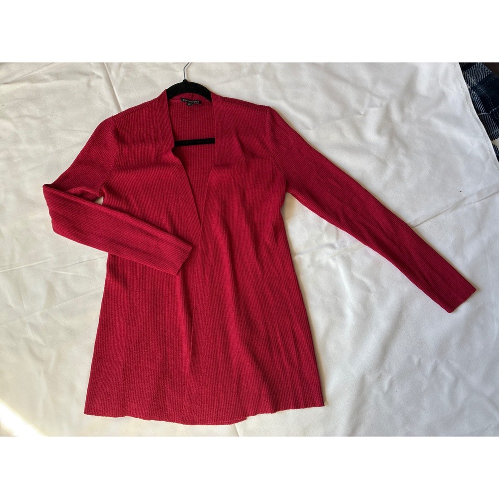 Eileen Fisher Cardigan Womens Petite S Red Ribbed Open Front Peplum Italian Yarn